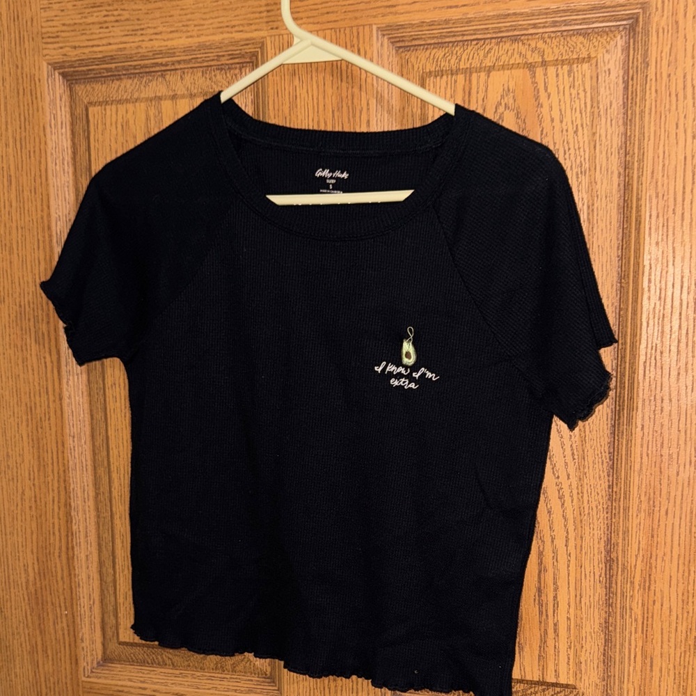 Kelly & Katie Black Short Sleeve Waffle Knit Crop Top with Embroidered Detail
